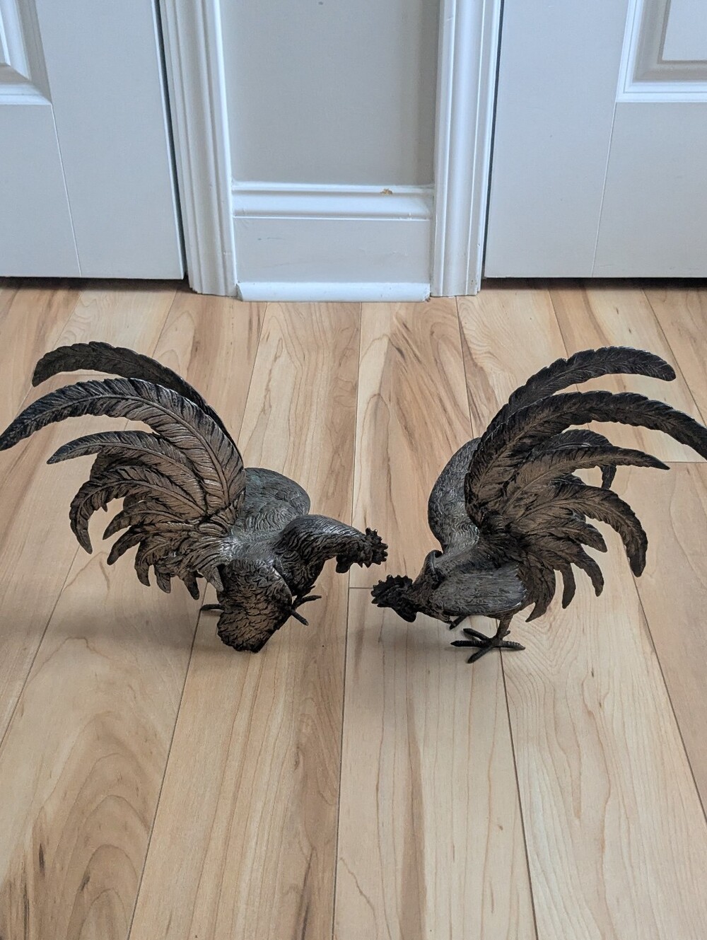 Vintage Detailed Italian Pair (2) Midcentury Brass Fighting Roosters